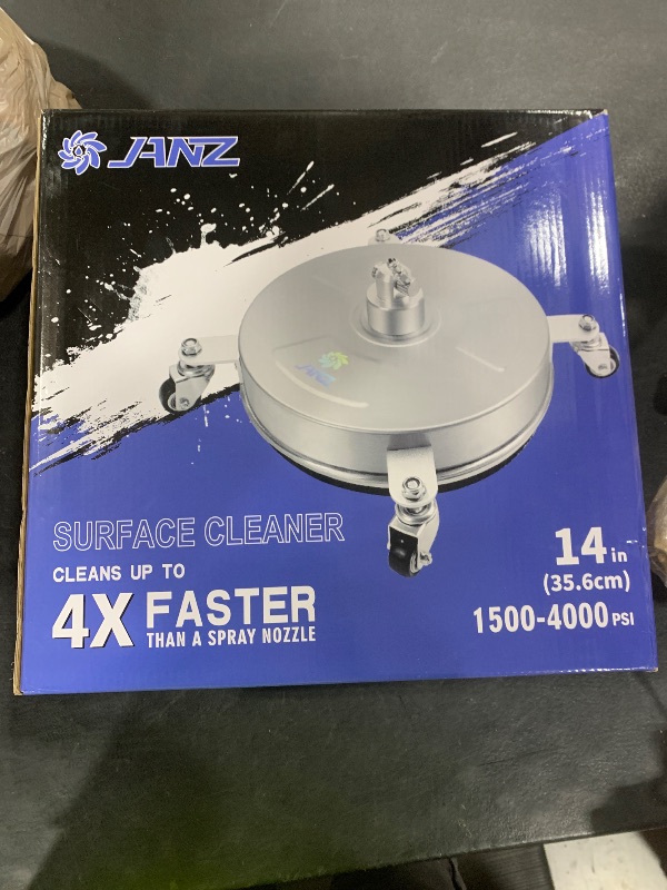 Photo 1 of janz 14" Pressure Washer Surface Cleaner with 4 Wheels, Stainless Steel Housing, 1/4" Quick Plug, 2 Extension Wands, 2 Replacement Nozzles and 3 Spray Nozzles, 4000 PSI