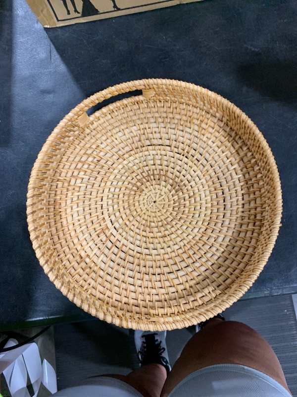 Photo 1 of HITOMEN 11.8" Hand-Woven Round Rattan Serving Tray Decorative Wicker Trays with Handles for Coffee Table (Natural-M)