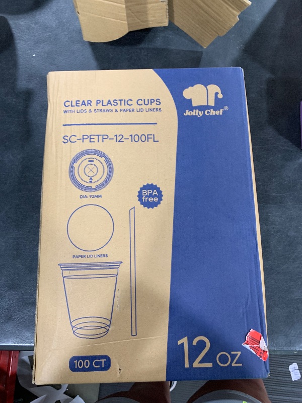 Photo 1 of JOLLY CHEF 100 Pack 12 oz Clear Plastic Cups with Lids and Straws, Disposable Iced Coffee Cups with Lids for Smoothies, Milkshakes, Cold Drinks, Includes Paper Lid Liners