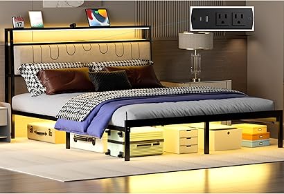Photo 1 of 
Natekelly Queen Bed Frame with Headboard, Bed Frame with Charging Station & LED Lights, Upholstered, Metal Platform, Under Bed...
