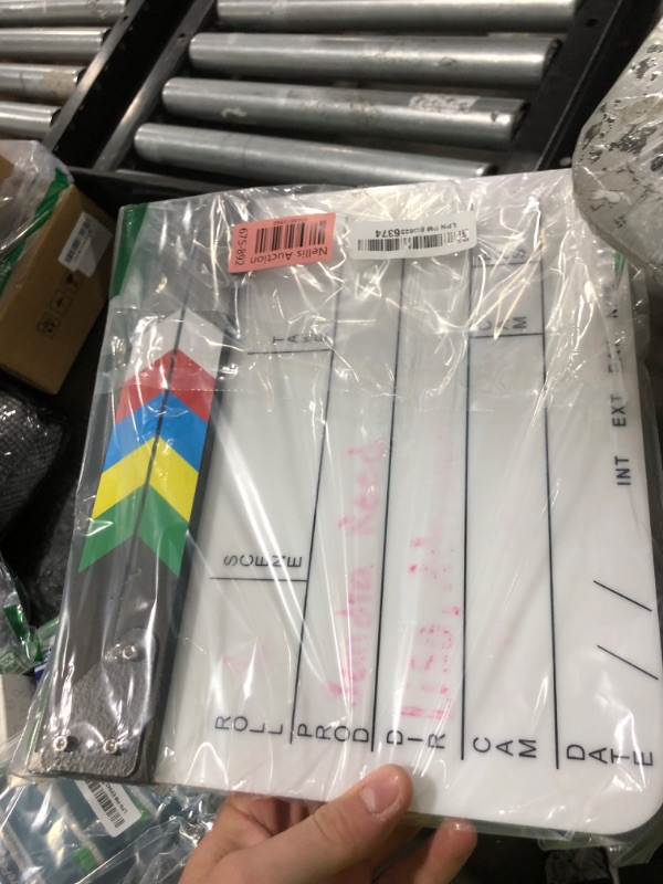 Photo 1 of Professional Movie Directors Clapboard, Photography Studio Video TV Acrylic Clapper Board Dry Erase Film Slate Cut Action Scene Clapper with Color Sticks 9.6x11.7 inch/25x30cm, White