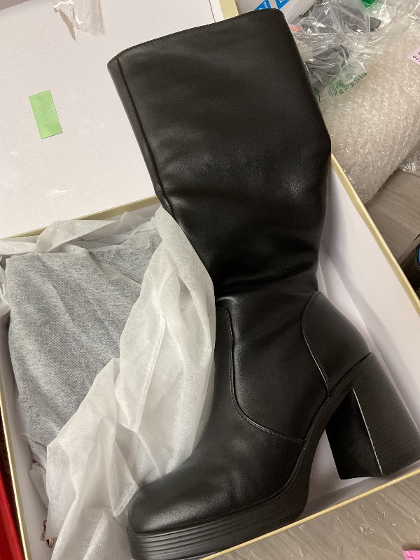 Photo 1 of SOVANYOU Black Leather Boots Platform Knee High Boots for Women Chunky Block Heeled Boots Square Toe Go-Go Boot High Heel Tall Boots Side Zip size 38