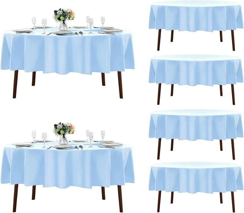 Photo 1 of Fokitut 6 Pack Round Tablecloth, 60x102 Inch, Stain Resistant and Wrinkle Polyester Table Cloth, Fabric Table Cover for Kitchen Dining, Wedding, Party, Holiday Dinner-Blue Mist