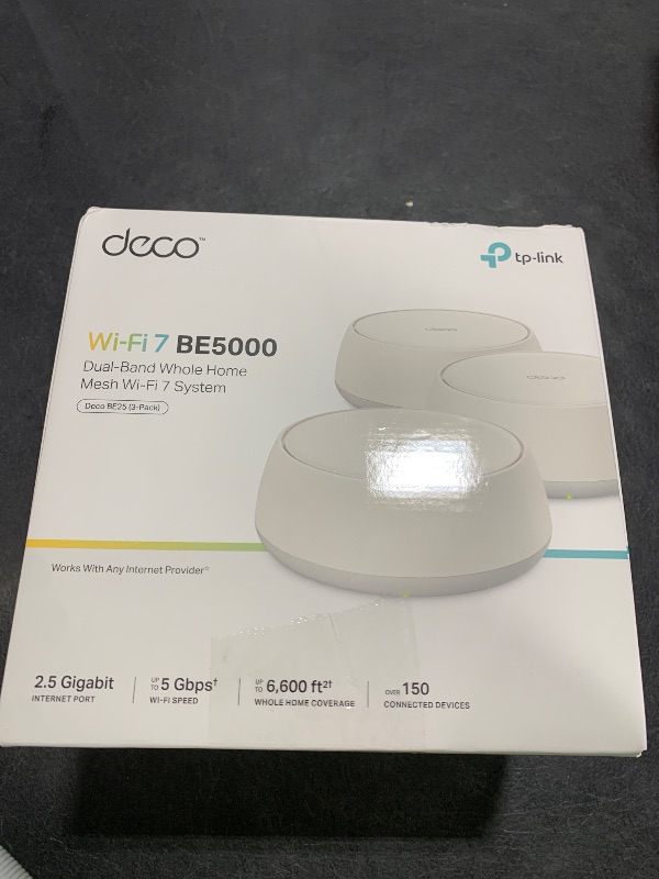 Photo 1 of TP-Link Deco BE25 Dual-Band BE5000 WiFi 7 Mesh Wi-Fi System | 4-Stream 5 Gbps, 240 Mhz | Covers up to 6,600 Sq.Ft | 2X 2.5G Ports Wired Backhaul | VPN,MLO, AI-Roaming, HomeShield, 3-Pack