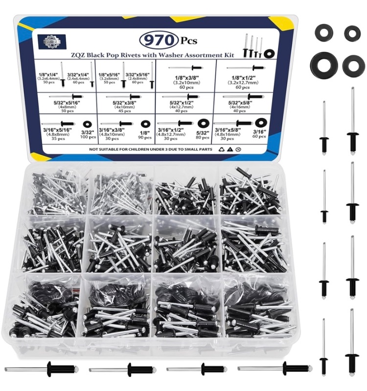 Photo 1 of ZQZ 970Pcs Black Pop Rivets with Washer Assortment Kit, 14 Sizes Black Rivets with 3/32" 1/8" 5/32" 3/16" Blind Rivets, Assorted Pop Rivets Set for Metal, Automotive