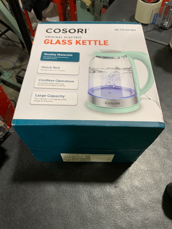 Photo 1 of Cosori Electric Kettle, No Plastic Filter & Spout, Tea Kettle & Hot Water Boiler For Coffee & Tea, Water Heater & Teapot, Automatic Shut Off, Borosilicate glass, Green, 1.7L/1500W