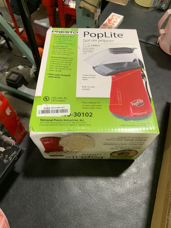 Photo 1 of Presto 04863 Poplite Hot Air Popcorn Popper - Built-In Measuring Cup + Melts Butter, Easy to Clean, Built-In Cord Wrap, 18 Cups, Red