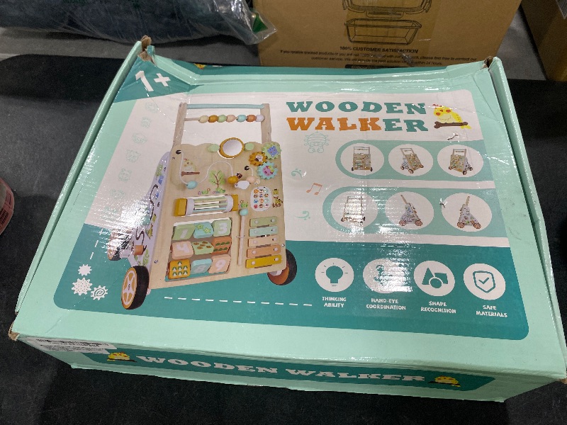 Photo 1 of Wooden Baby Walker with Wheels, Push Walker with Baby Activity Center, Montessori Walking Toy for 1 Year Old Girls Boys, Ajustable Speed & Height Activity Toy for Toddler Learning to Walk 12+ Months