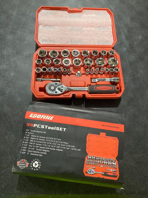 Photo 1 of Egofine 34 Pieces 3/8 inch Drive Socket Ratchet Wrench Set, with Socket Set Metric/SAE and Extension Bar for Auto Repairing and Household, with Storage Case
