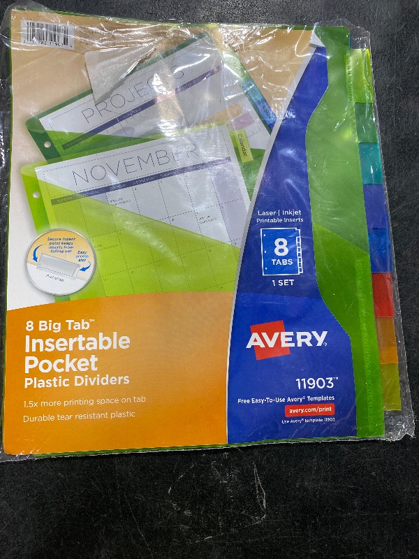 Photo 1 of Avery Insertable Plastic Dividers for 3 Ring Binders, 8 Tabs per Set, Big Tabs, Two Pockets, Multicolor Binder Dividers, Works with Sheet Protectors (11903)