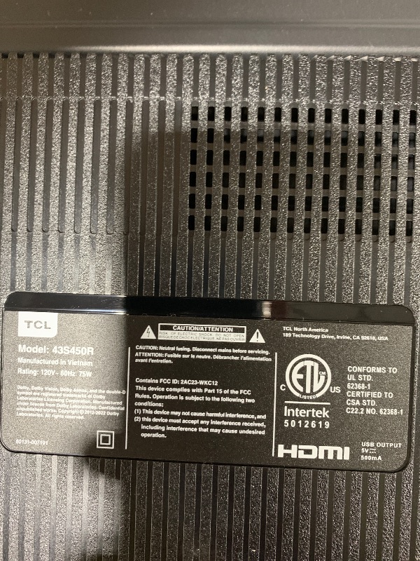 Photo 1 of [SOLD FOR PARTS ONLY] TCL 43-Inch Class S4 4K LED Smart TV with Roku TV (43S450R, 2023 Model), Dolby Vision, HDR, Dolby Atmos, Works with Alexa, Google Assistant and Apple HomeKit Compatibility, Streaming UHD Television