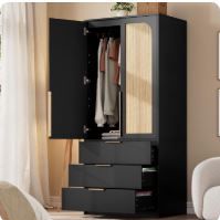 Photo 1 of Garvee Armoire Wardrobe Closet, 69.5" Wooden Wardrobe Cabinet with 3 Drawers, Hanging Rod, 2 Doors Clothing Storage Cabinet for Bedroom, Large Capacity Storage, Rattan Door, Black
