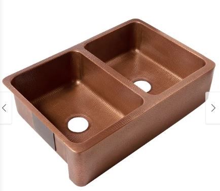 Photo 1 of Lange Copper 32" Double Bowl Farmhouse Apron Front Undermount Kitchen Sink
