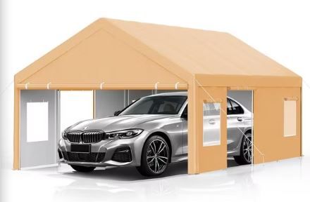 Photo 1 of 13x25FT Metal Carport - Iron Pipe + PE, All-Inclusive with 4 Doors & 4 Windows, Garage Car Shelter Shade for Car, Truck & Boats
