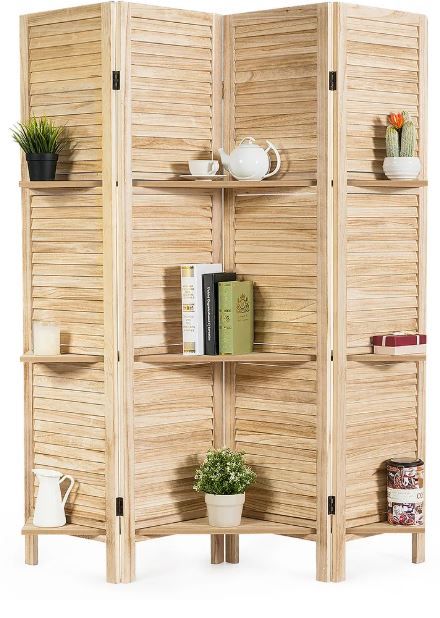 Photo 1 of 4 Panel 5.6 Ft Tall Wood Room Divider with 3 Display Shelves - Brown
