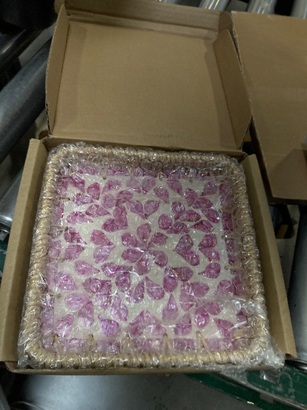 Photo 1 of 1 pcs Rectangle Rattan Serving Tray with Mother of Pearl Inlay, Decorative Wicker Tray for Coffee, Bread, Fruits, Elegant Table Decor for Living Room & Dining Room