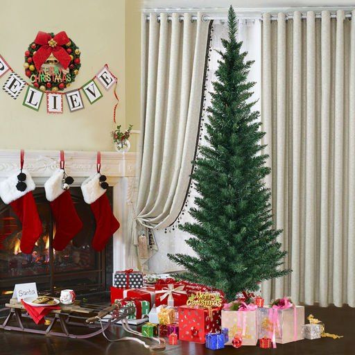 Photo 1 of Costway - 5Ft PVC Artificial Pencil Christmas Tree Slim Stand - Green