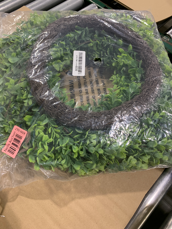 Photo 1 of 26'' Large Boxwood Wreath for Front Door, Porch, Window- Artificial Boxwood Leaves Greenery Outdoor Wreath for Home, Farmhouse Wall Decor- Spring, Summer, Fall, All Seasons (Green)