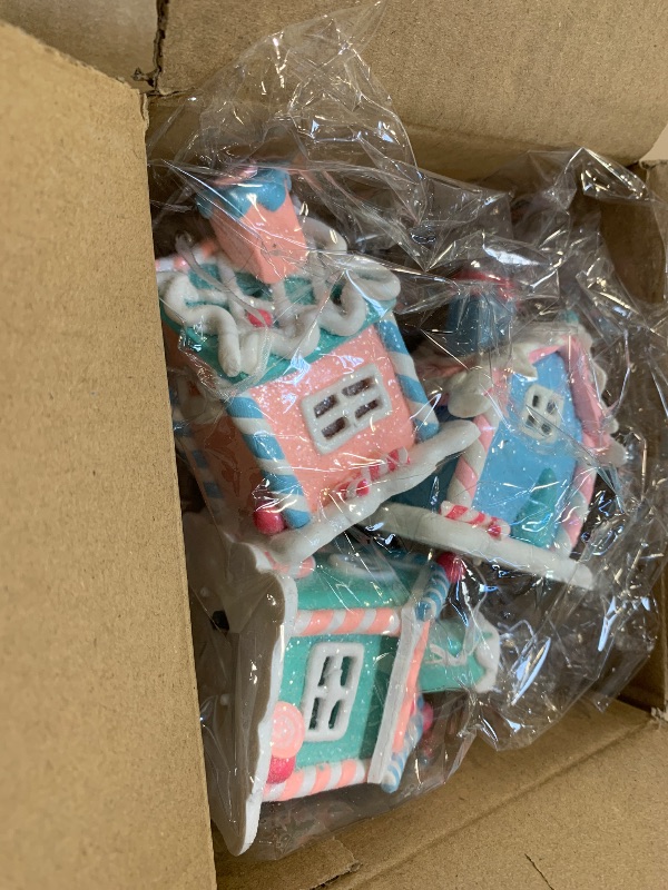 Photo 1 of 3Pcs Pastel Gingerbread House Ornaments for Christmas Tree Decorations Lighted LED Macaron Color Clay Hanging Candy House Ornament with Rope for Xmas Holiday Party Home Decoration