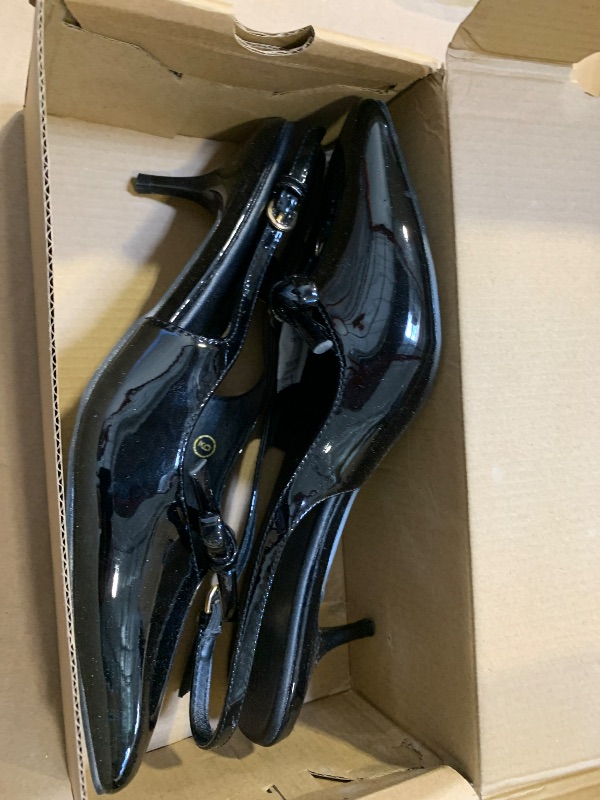 View 2 of 9 Coutgo Womens Bow Slingback Heels Low Kitten Heel Pumps Closed Pointed Toe Party Wedding Dress Shoes, Black, Size 9