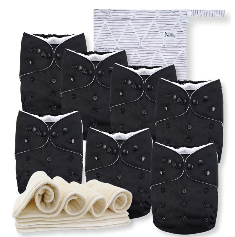 Photo 1 of OPEN BOX NORA'S NURSERY CLOTH DIAPERS 7 PACK 7 INSERTS & 1 WET BAG - WATRPROOFF COVER WASHABLE REUSABLE UP TO 3mo