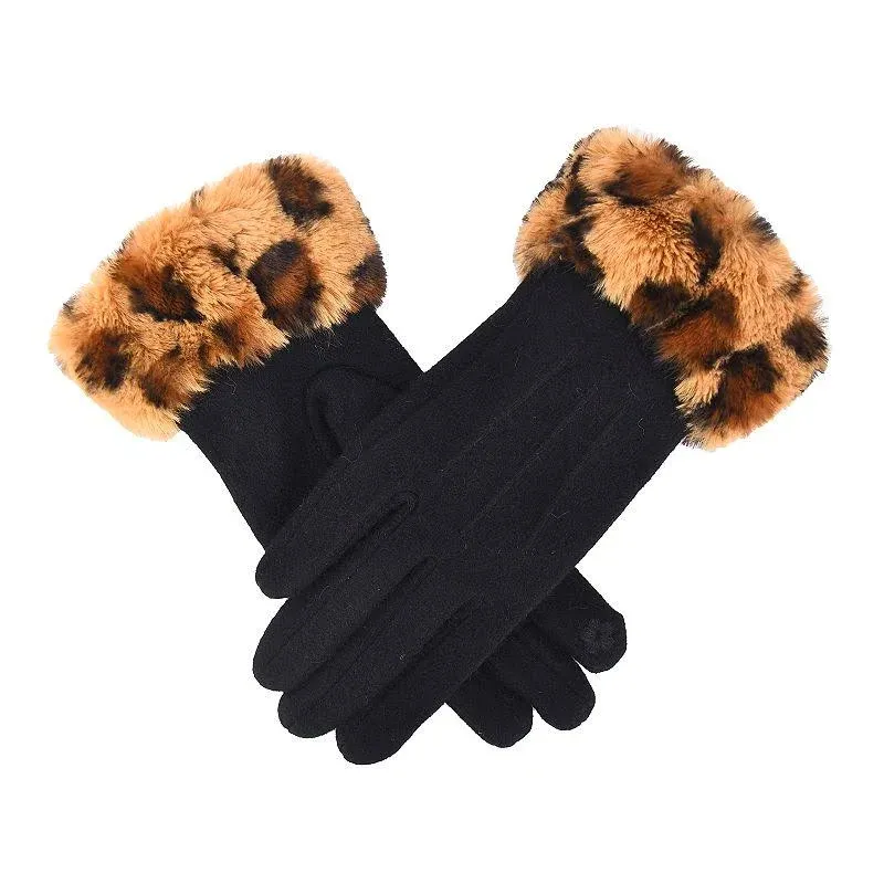 Photo 1 of ONE SIZE Mellow World Women's Wool Gloves with Faux Fur Leopard Cuffs