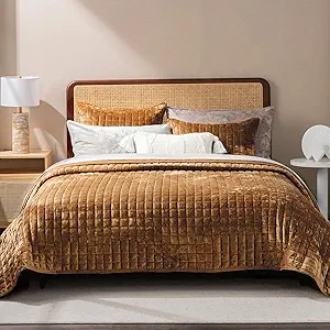 Photo 1 of RECYCO Luxury Velvet Quilt Set FULL/QUEEN Size Bedding Sets, Ultra Soft Velvet Comforter Set, Lightweight Channel Box Stitch Oversized Bedspread Coverlet for All Season, with 2 Shams, Caramel Gold