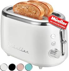 Photo 1 of MÜELLERHOME Retro Toaster 2 Slice, 7 Browning Levels, 3 Functions (Reheat, Defrost, Cancel), Stainless Steel Features, Removable Crumb Tray, Under Base Cord Storage, White Toaster Kitchen Appliances