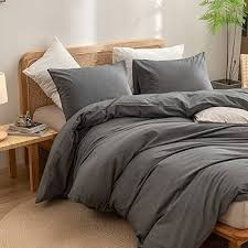 Photo 1 of BESTOUCH Duvet Cover Set 100% Washed Cotton Linen Feel Super Soft Comfortable Chic Lightweight 3 PCs Home Bedding Set Solid Dark Grey Queen