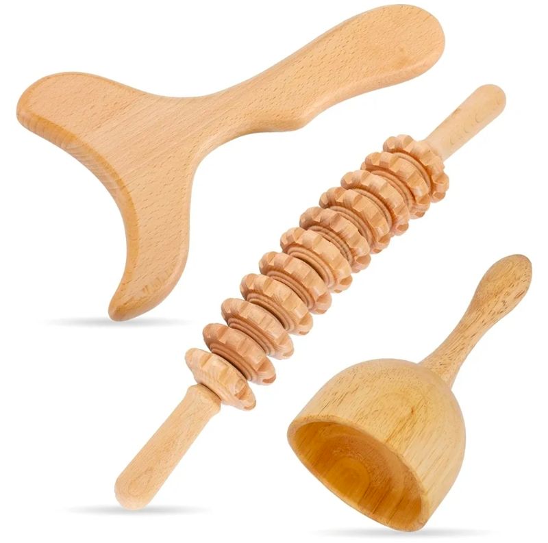 Photo 1 of 3 PIECES WOOD LYMPHATIC DRAINAGE MASSAGE ROLLER WOOD THERAPY/ INCLUDES WOODEN SWEDISH CUP, WOOD GUA SHA TOOL AND WAIST ROLLER 