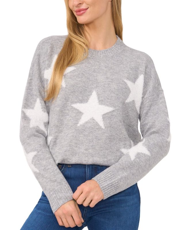 Photo 1 of CeCe Women's Star-Print Long-Sleeve Crewneck Sweater - Light Heather Grey XL