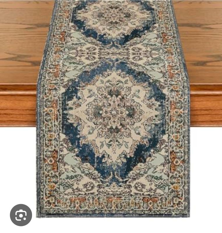 Photo 1 of Boho bohemian style table runner, navy, multi. 72in x 13in