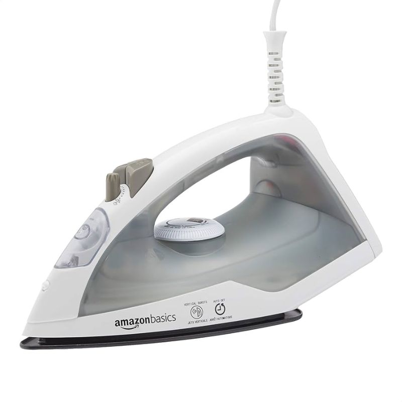 Photo 1 of Amazon Basics 1200W 10” Steam Iron, With Non-Stick Teflon Soleplate, 5 Fl Oz Water Tank (150 ML), Auto Shut-Off, Anti-Drip, Anti-Calcification, Thermostat, 6.5Ft Cord, Gray. no box
