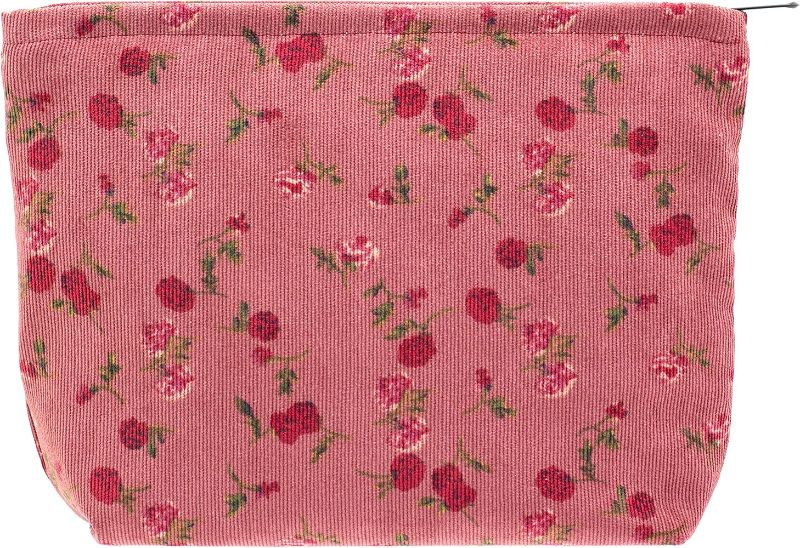 Photo 1 of PAZIMIIK Makeup Bag Large Zipper Corduroy Make Up Pouch for Purse Travel Canvas Cosmetic Organizer for Women Brush Storage,Vintage Rose Red
