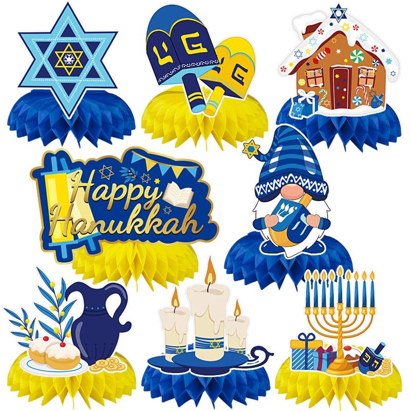 Photo 1 of JULMELON 8PCS Hanukkah Table Decorations Honeycomb Centerpiece, Chanukah Decor Dreidel Menorah Table Toppers Happy Hanukkah Decorations for Home Party Favors Supplies
