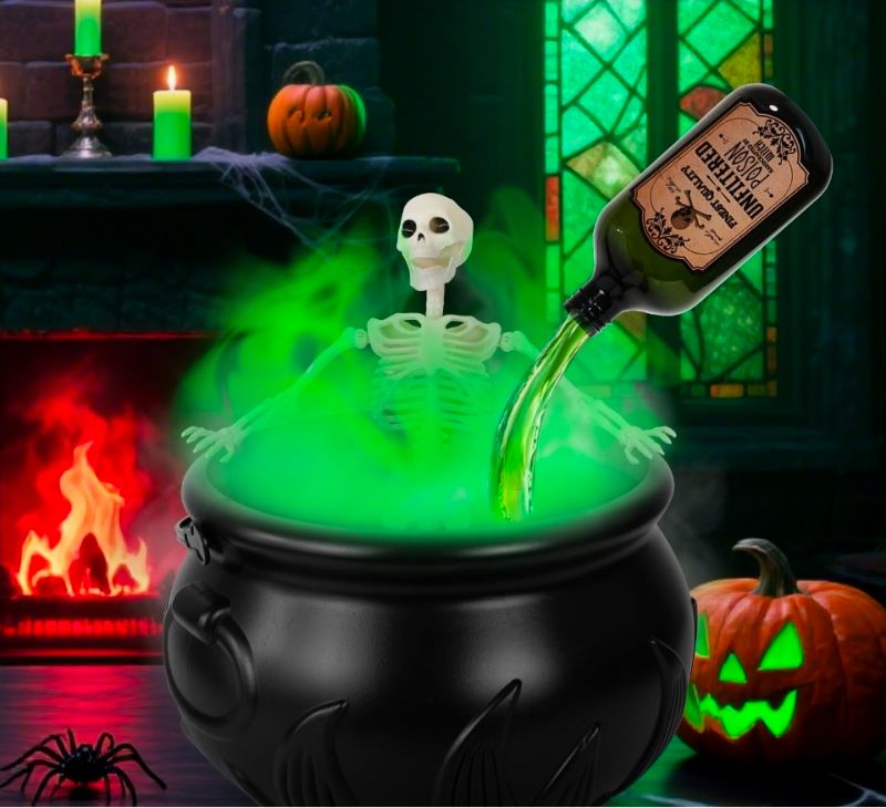 View 1 of Halloween decoration indoor, 10" large black witch cauldron with skeleton DIY