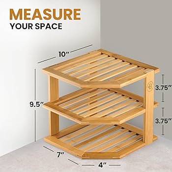 Photo 1 of Bambüsi 3 Tier Bamboo Corner Shelf Cabinet Organizer - Kitchen Cabinet Space Saver for Plates, Dishes, Bowls, Pantry Storage - 9.5 in Tall x 10 in Deep Countertop Corner Rack | Kitchen Counter, Cabinet Space Saver, Plates, Dishes, Bowls, Bread Pantry
