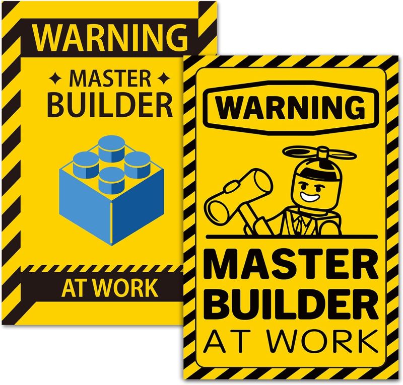Photo 1 of 2 Pcs Wall Art Poster Caution Master Builder at Work, Vinyl Building Block 