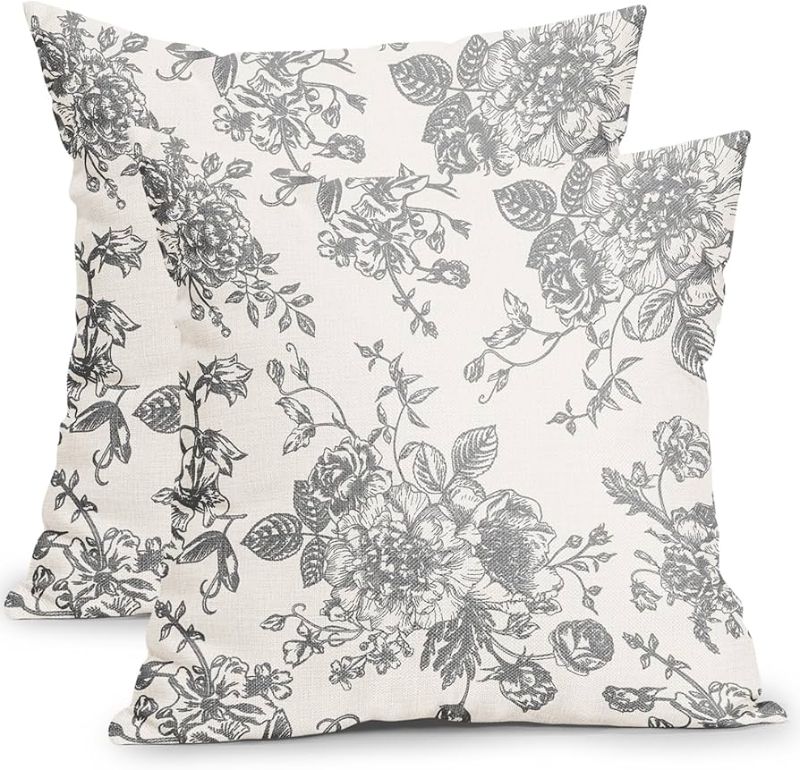 Photo 1 of Light Grey and Cream Floral Pillow Covers 18x18 Inch Set of 2 Vintage Floral Throw Pillow Covers Chinoiserie Flower Pillowcases Rustic Farmhouse Cotton Linen Cushion Covers for Couch Bed Sofa Decor
