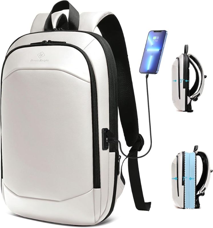 Photo 1 of hk Business Backpack for Men 17 Inch,Slim & Expandable Waterproof Travel Laptop Backpack with USB Charger Port (White)

