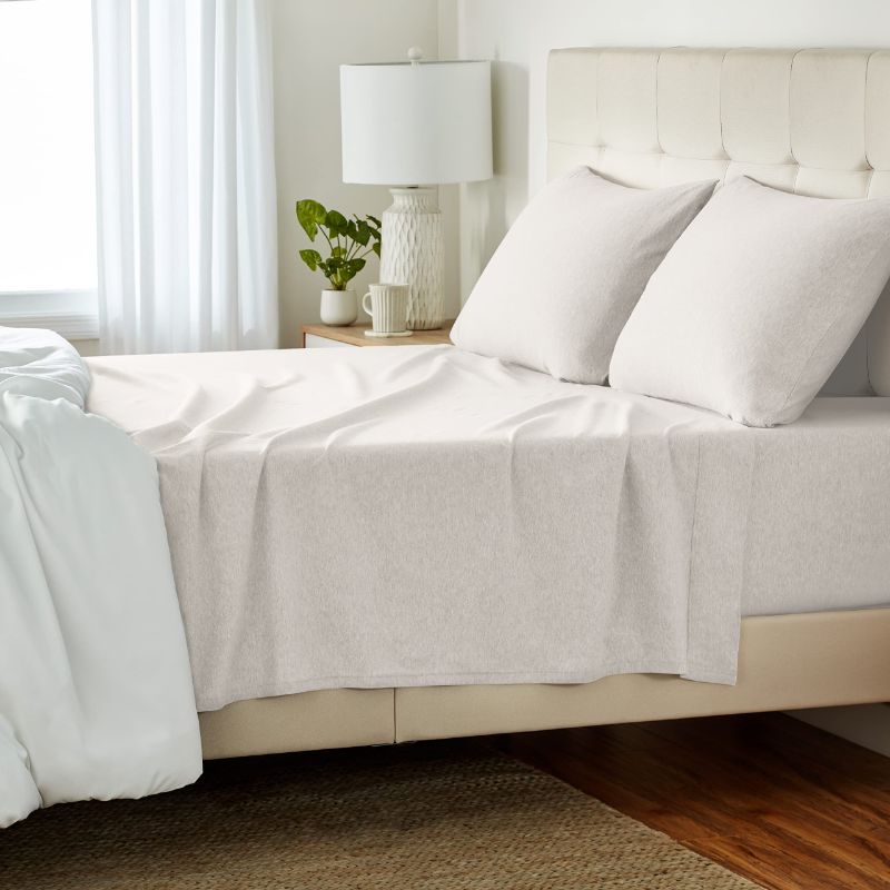Photo 1 of Amazon Basics 4-Piece Soft, Breathable 100% Cotton Jersey Knit Bed Sheet Set with Deep Pockets, Includes Flat and Fitted Sheets, Pillowcase, KING, Oatmeal, Solid