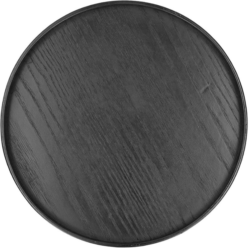 Photo 1 of Black Round Wooden Food Fruit Serving Tray Service Plate for Home Kitchen Hotel Use Black, Coffee Table Decor for Bathroom Kitchen Counter Candle Holder (27cm)