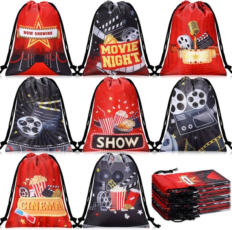 Photo 1 of Honoson 24 Pcs Small Movie Gift Bags Bulk with Drawstring 5"x 7" Mini Movie Night Theme Treat Bags Cinema Theater Now Showing Goodie Candy Pouches for Birthday Party Favor Supplies Baby Shower