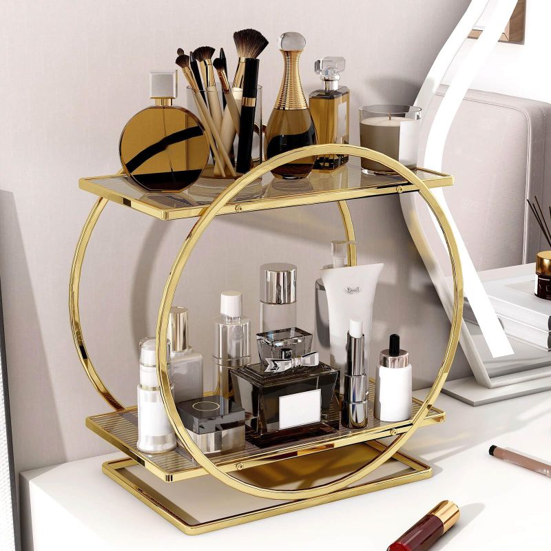Photo 1 of Perfume Organizer for Dresser, 2 Tier Bathroom Counter Organizers and Storage, Gold Makeup Organizer for Vanity, Bathroom Accessories & Decor, Skincare Perfume Trays Cosmetic Display Holder
