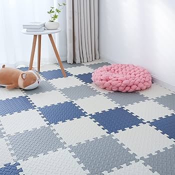 Photo 1 of Foam Play Mat for Toddlers, EVA Non-Toxic Interlocking Floor Mats with Solid Colors, Squares Baby Play Mat, EVA Foam Floor Mat Foam Mats for Kids, Baby, 18 Tiles(White/Light Blue /Dark Blue)

