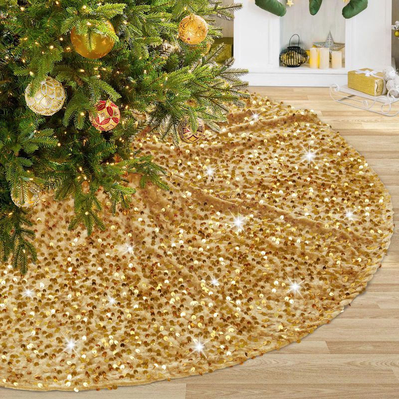 Photo 1 of Gold Sequins Tree Skirt 24 Inches Mini Christmas Tree Skirts 5mm Sequins and Velvet Tree Skirt Mats for 4ft Trees Decorations
