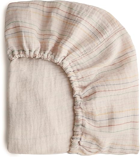 Photo 1 of mushie Extra Soft Muslin Fitted Crib Sheet | 192 Thread Count | 28"x 52" (Retro Stripes