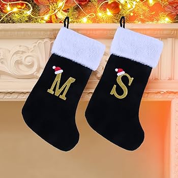 Photo 1 of 20 Inches Monogram Christmas Stockings with Letters, Large Super Soft Christmas Stockings Black Velvet with White Super Soft Plush Cuff for Xmas Tree Holiday Fireplace Gold Letter S
