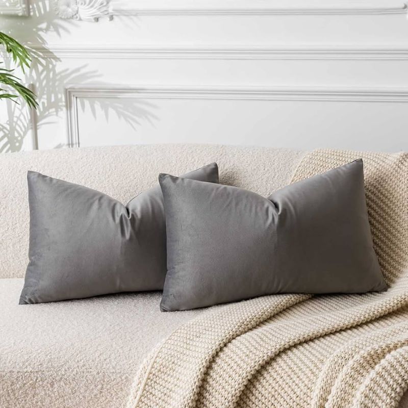 Photo 1 of GREY VELVET PILLOW CASES, ZIPPER CLOSURE, 18X30IN, SET OF 2