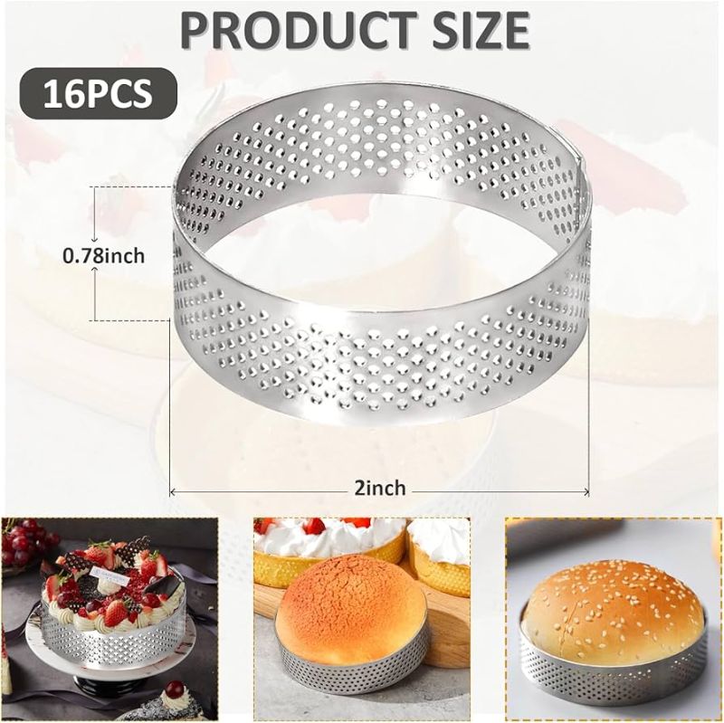 Photo 1 of 12 Pieces 2 Inch 304 Stainless Steel Tart Ring,Perforated Tart Rings Round Cake Mousse Ring Metal Pastry Cake Mold Baking Dessert Ring Nonstick Round Cake Ring for Home Food Making Tool
